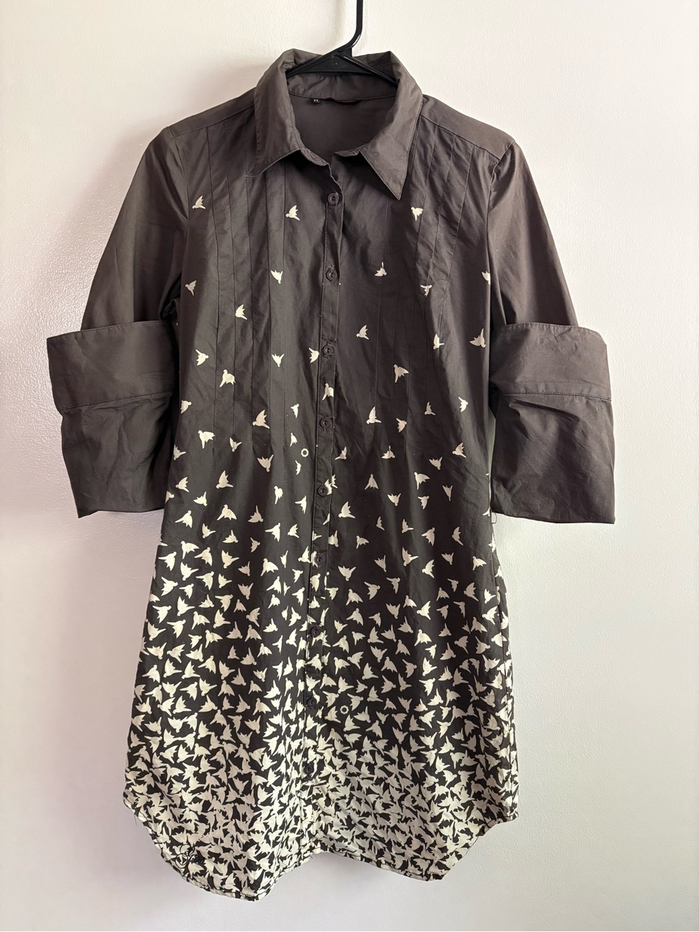 Black Midi Shirt Dress with Cream Bird Print
